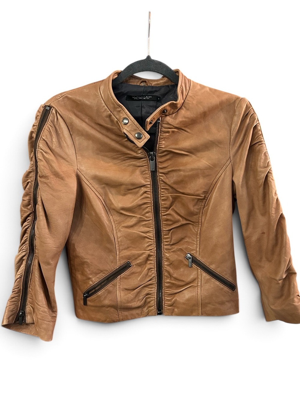 William Rast Women’s Tan Soft Leather Zip Front Moto Biker Jacket Size S